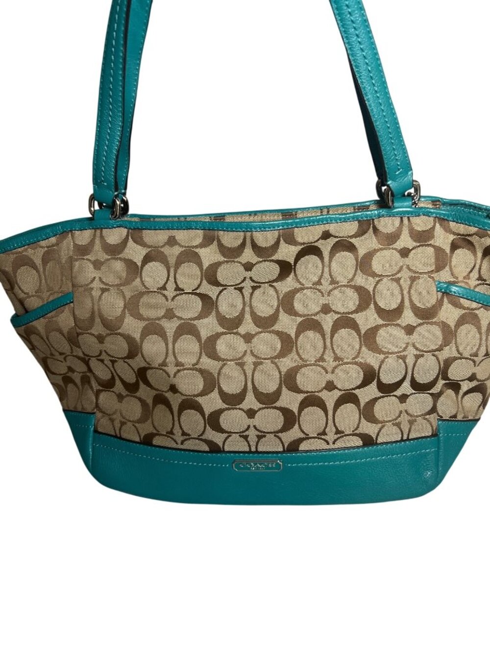 Coach Park Signature Carrie Tote Bag Teal Green Canvas F23297